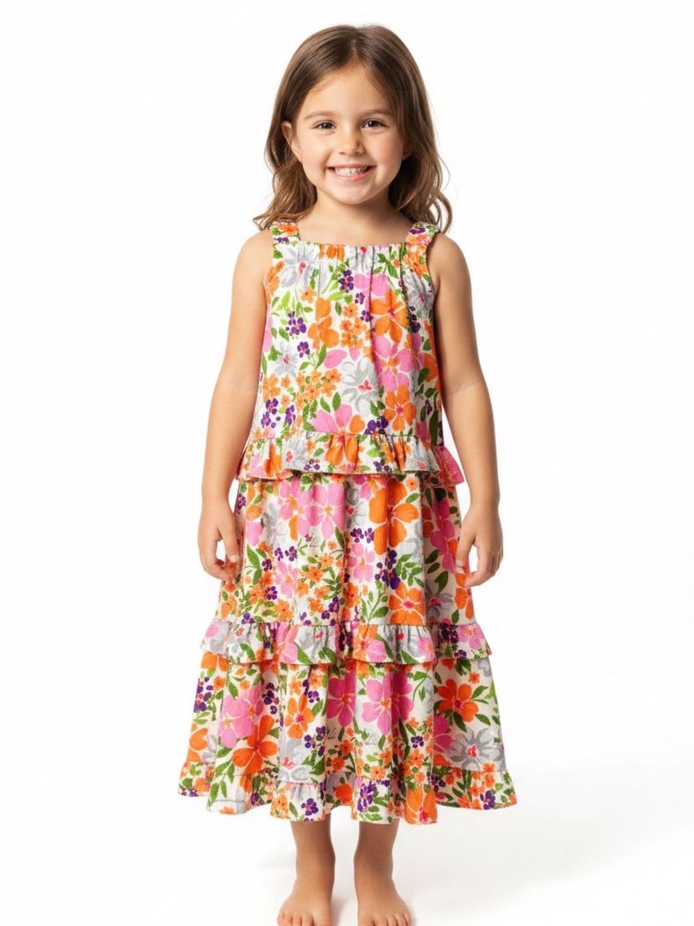 Bonnie Jean Bright Floral Tiered Dress in Pink, Orange, Purple, Green